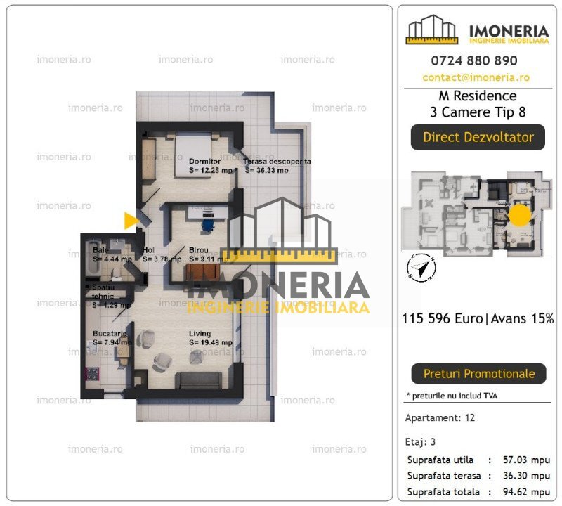 Aparatorii Patriei Metrou 600m  Pompa de caldura  Terasa 36 mp Comision 0%